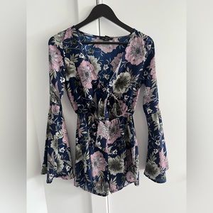 Navy Blue Front-Tie Floral Romper